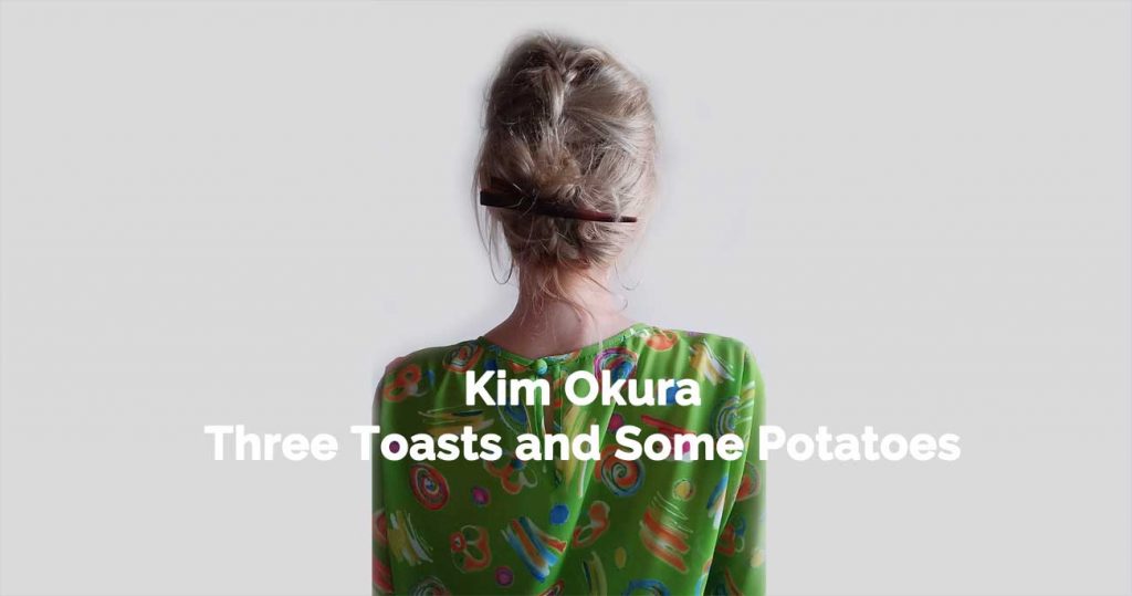 Kim Okura in a grassgreen givenchy blouse from verso, flyer for Toasts and Some Potatoes